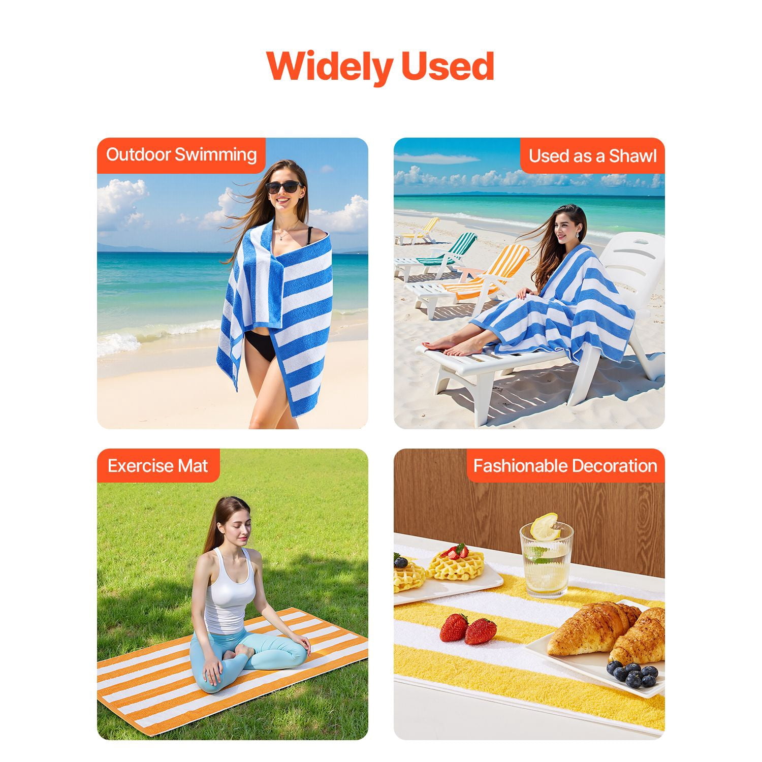 Beach Towels 4-Pack 60x30 Inch 400 GSM 100% Pure Cotton Quick-Dry Absorbent for Pool Swimming Travel