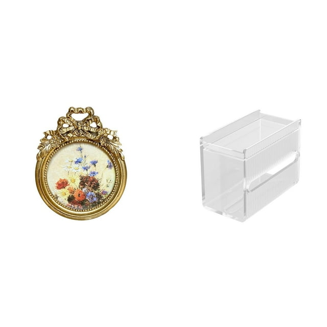 Marco de fotos redondo pequeño vintage dorado, marco de fotos decorativo ornamentado de resina, caja de pañuelos de papel, caja de almacenamiento de p