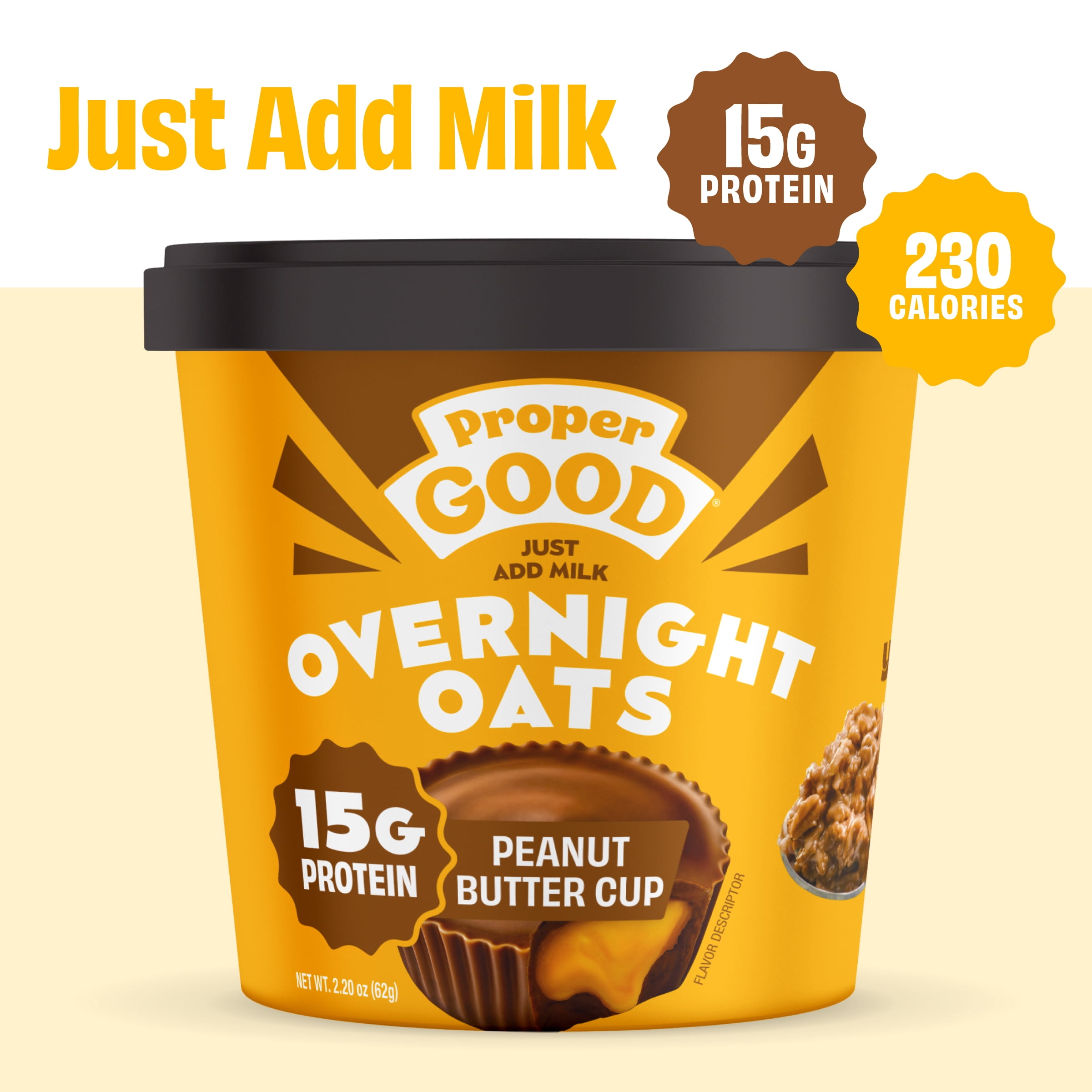(4 pack) Proper Good Peanut Butter Cup Overnight Oats, 15g Protein, Shelf-Stable 2.2 oz Tub