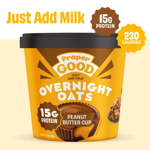 Proper Good Peanut Butter Cup Overnight Oats, 15g Protein, Shelf-Stable 2.2 oz Tub