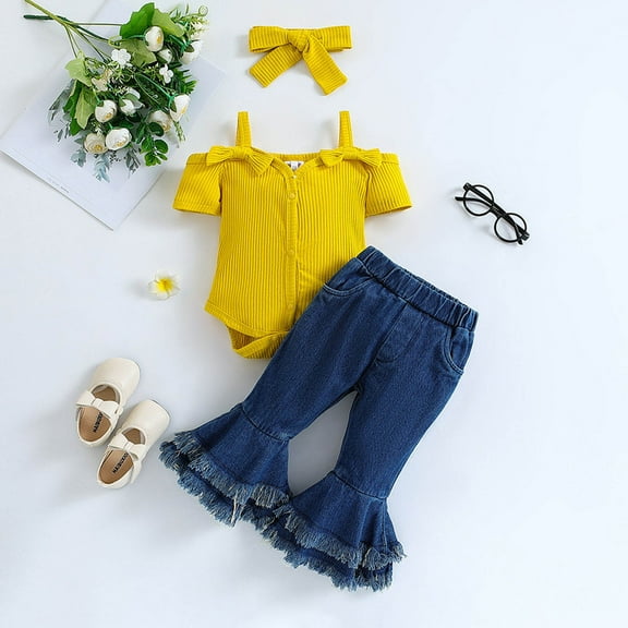 YWDJ Casual Outfits for Girls 3 Piece Sets Newborns 6M-3T Short Sleeve T Shirts Flare Pants Fashion Clothes Yellow 6 Months
