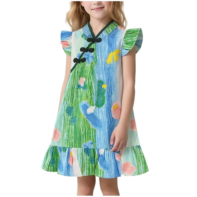 Odeerbi 2-8 Años Niñas Floral Impresión Cheongsam Vestido Verano Casual Ruffle Manga Qipao Para Vacaciones de Fiesta