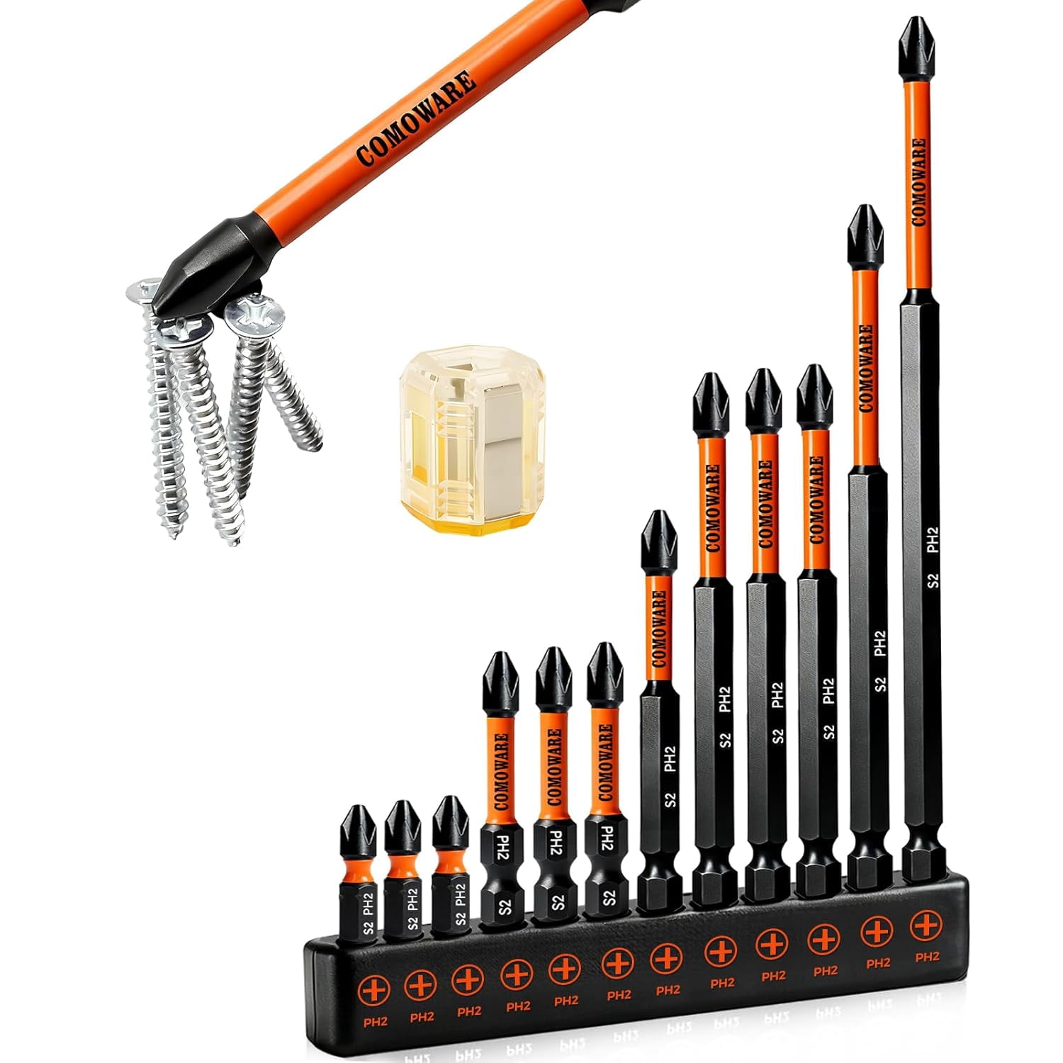 RGHJAR-13pcs Phillips Impact Screwdriver Drill Bits #2, S2 1/4" Hex Screwdriver Bit Set, 1-6" Length, CNC Tip Magnetic Drill Bit, Impact Hex Bits Sets with Magnetizer For Power Drill