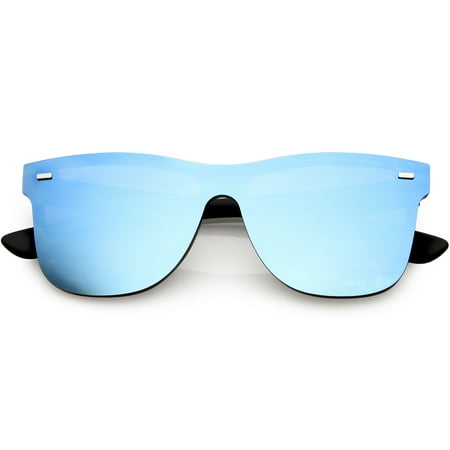 Futuristic Horn Rimmed Rimless Sunglasses Mirrored Shield Lens 59mm (Black / Blue Mirror)