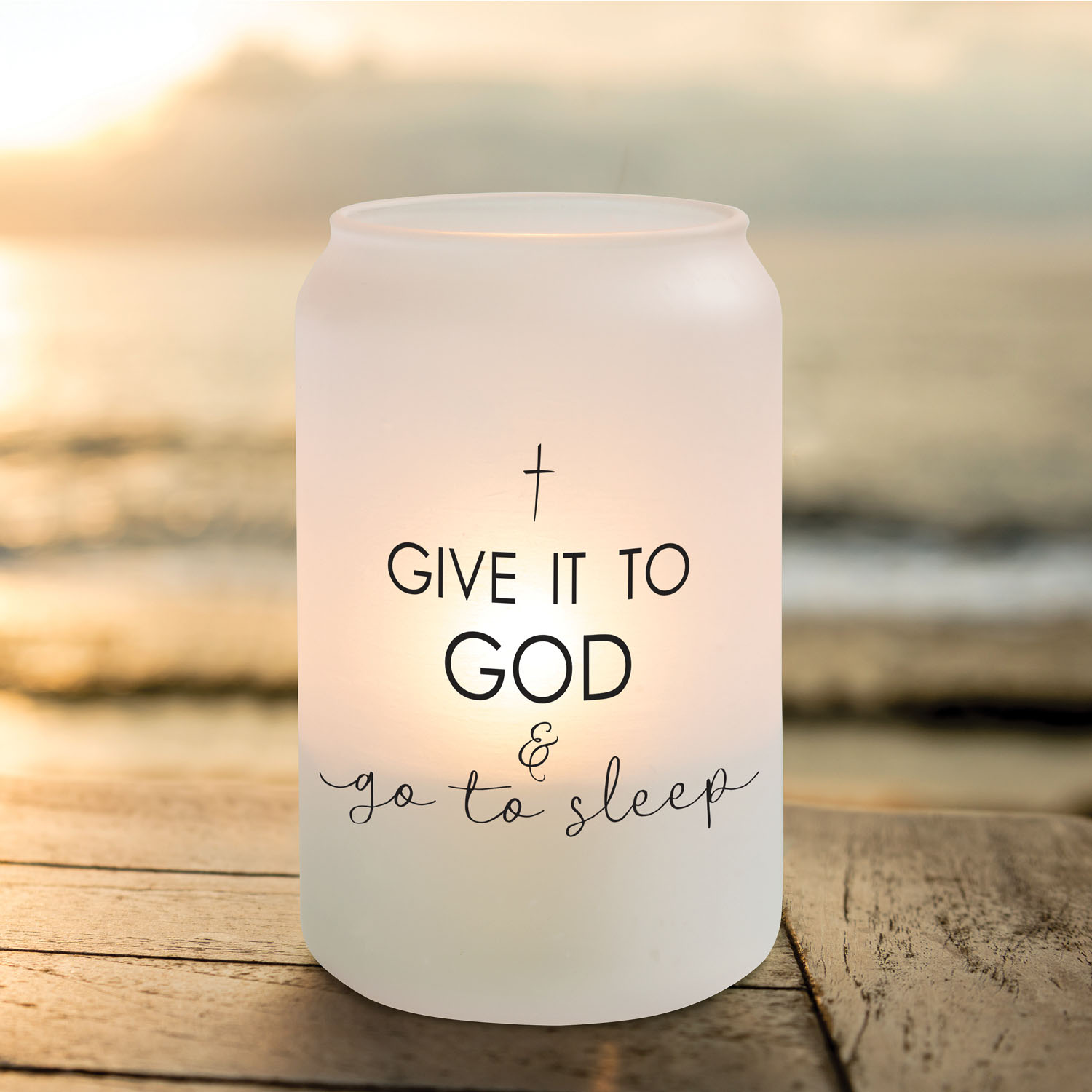 Personalized Planet Give It To God and Go To Sleep Frosted Glass Spiritual Votive Candle Holder for Hallway Display or Tabletop Décor, 13 oz 2.5x5