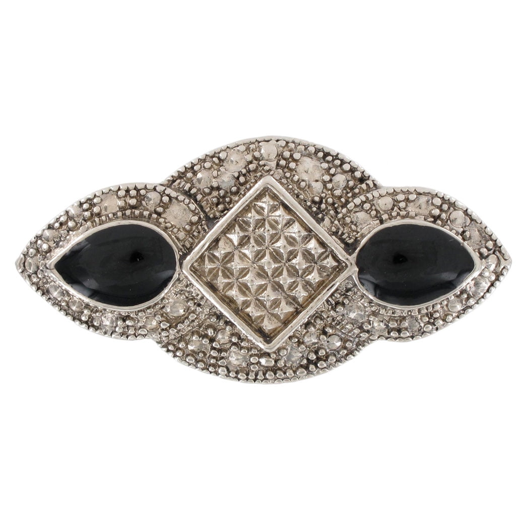 Silver Tone Black Oval Accent Art Deco Revival Pin Brooch by