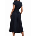 thumbnail image 5 of Womens Solid Color Overlap V Neck Batwing Sleeve Waist Pleated Long Elegant Dress Maxi Navy Blue XL, 5 of 10