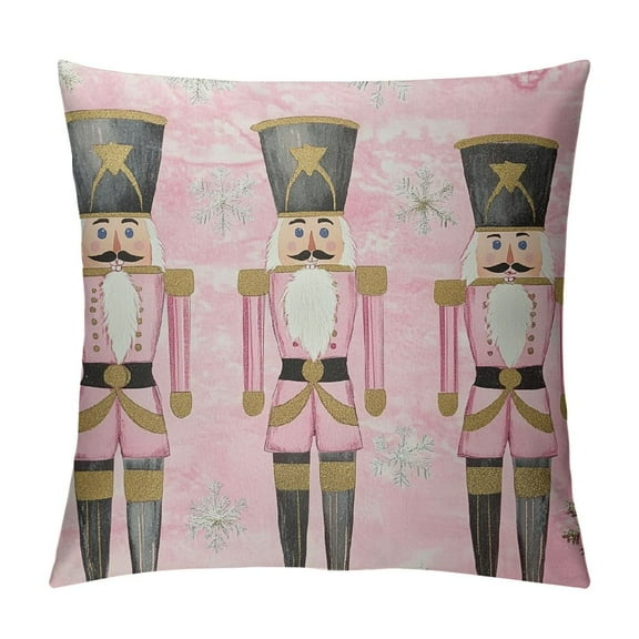 Creowell Nutcracker Christmas Pillow Cover, Pink Striped Winter Holiday Cushion Cover with Festive Nutcracker Design, Decorative Throw Pillow Case for Sofa or Bed 12x12in