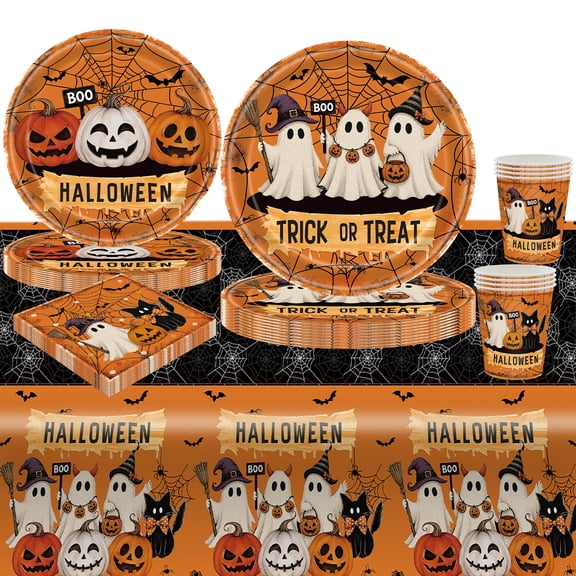 Kicpot Halloween Disposable Tableware Set, Cute Ghost Pumpkin Trick or Treat Paper Plates Cups Napkins Tablecloth Kit for 20 Guests, Halloween Party Supplies