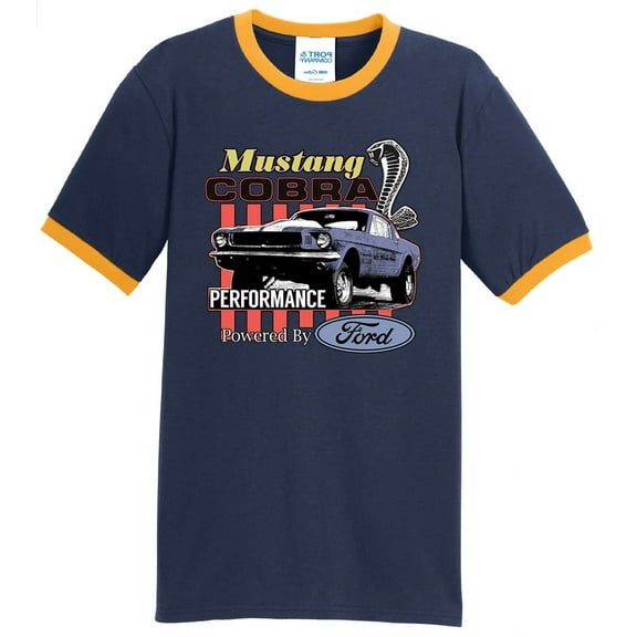 Mens Ford Mustang Cobra Performance 100% Cotton Ringer Tee Shirt, Small Navy/Gold