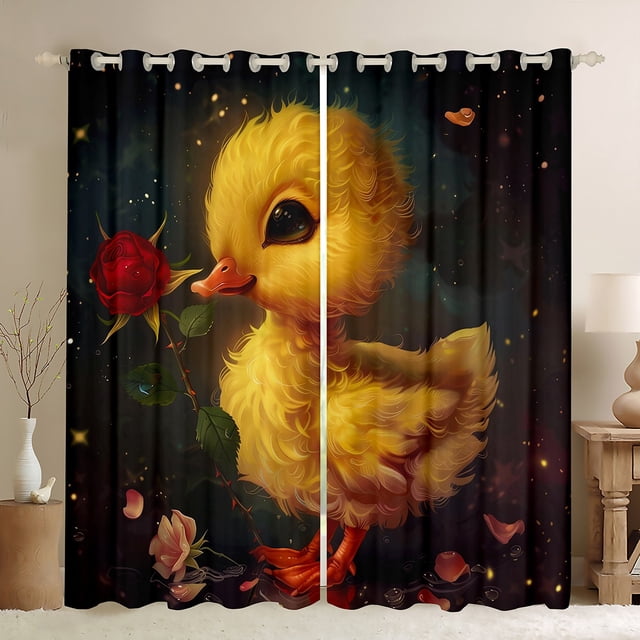 Rideaux Occultants Canard Jaune pour Chambre, Rideaux Roses Rouges, Rideaux Fleurs Romantiques 2 Panneaux 38"L X 45"H, Rideaux Fenêtre Animaux Sauvages Mignons