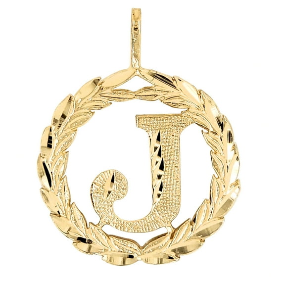 Precious Stars 14K Yellow Gold Round Wreath Unisex Initial Letter 'J' Pendant - No Chain, Pendant Only