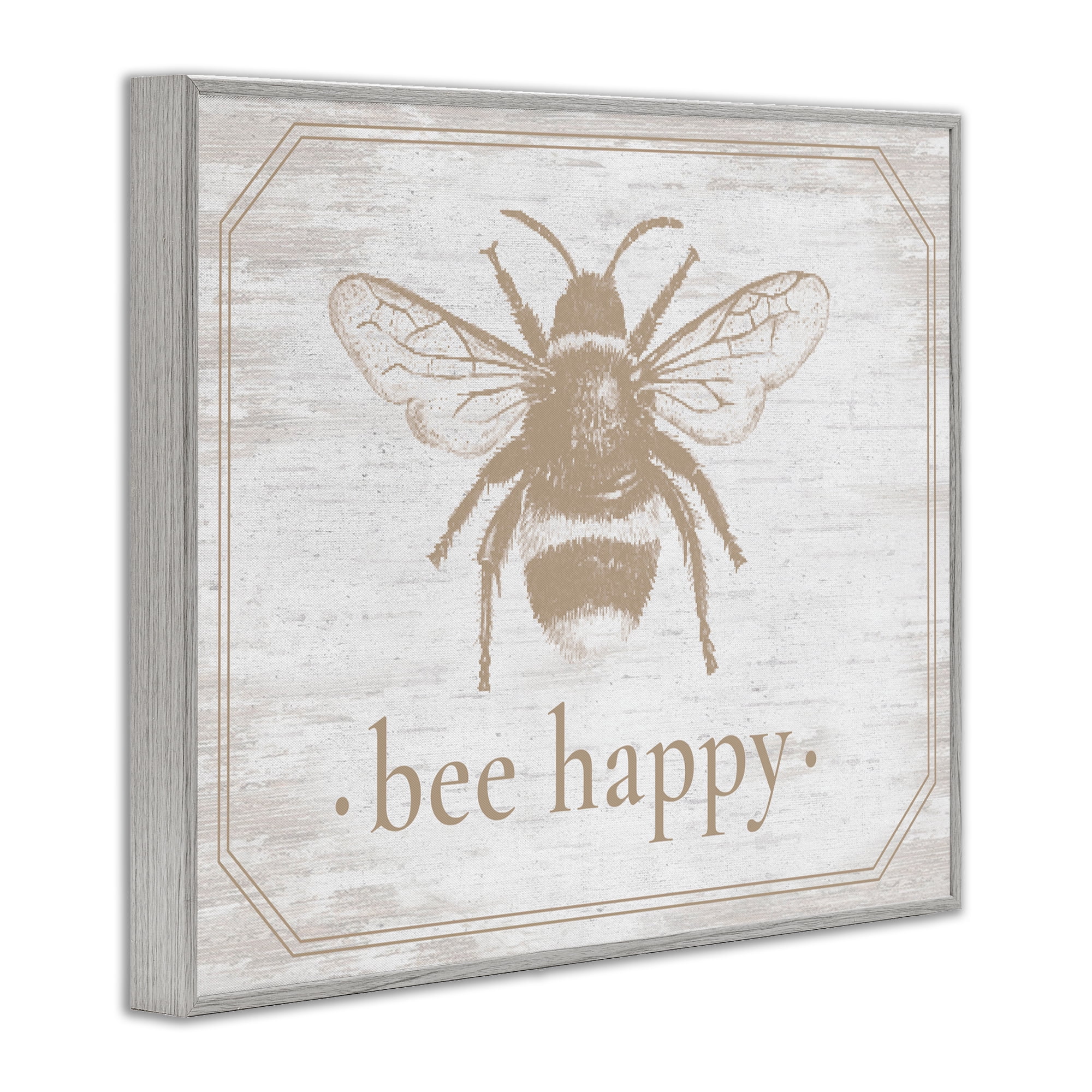 Bee Happy with Rustic Border Gray Framed Giclee Art, design by Lettered and Lined