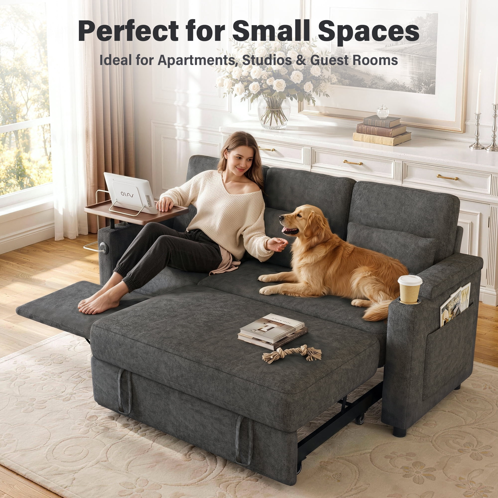 Aukfa 81" Convertible Sleeper Sofa,Chenille 3-in-1 Sofa Bed with Recliner,Center Table,USB Ports & Storage Armrests,Gray