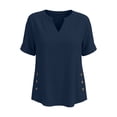 thumbnail image 6 of VBVC Women's Cotton-Linen V-Neck Blouse, Ladies' Rolled Cuff Short Sleeve Side Shirt, Button Detail Summer Tunic Top For Women,Navy,S-2XL, 6 of 7