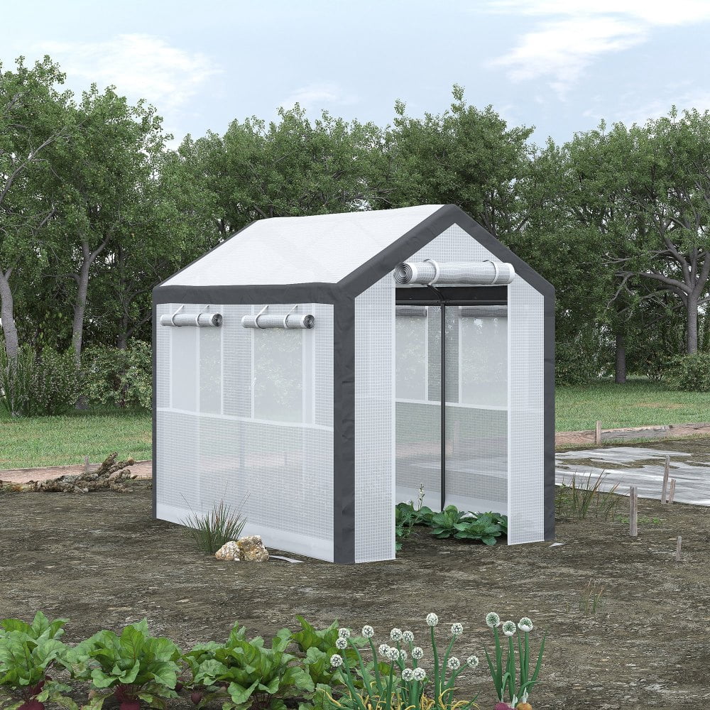 8x6 FT Walk-In Greenhouse with 6 Roll-Up Windows, 2 Zippered Doors & Weather Cover for Outdoor Gardening