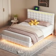 thumbnail image 4 of Queen Size Floating Bed Frame with LED Lights and USB Charging Station, Modern Platform Bed with Headboard,Wood Slats Support,No Box Spring Needed,White+PU, 4 of 8