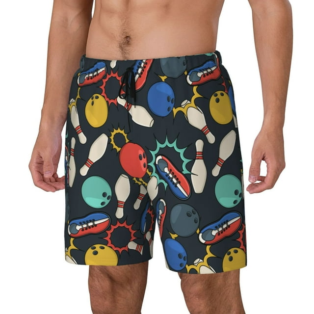 Bingfone Bowling Ball for Men's Double Layer Swimming Trunks with Lining, Drawstring Style with Pockets Beach Shorts Men's Swimsuit-3X-Large