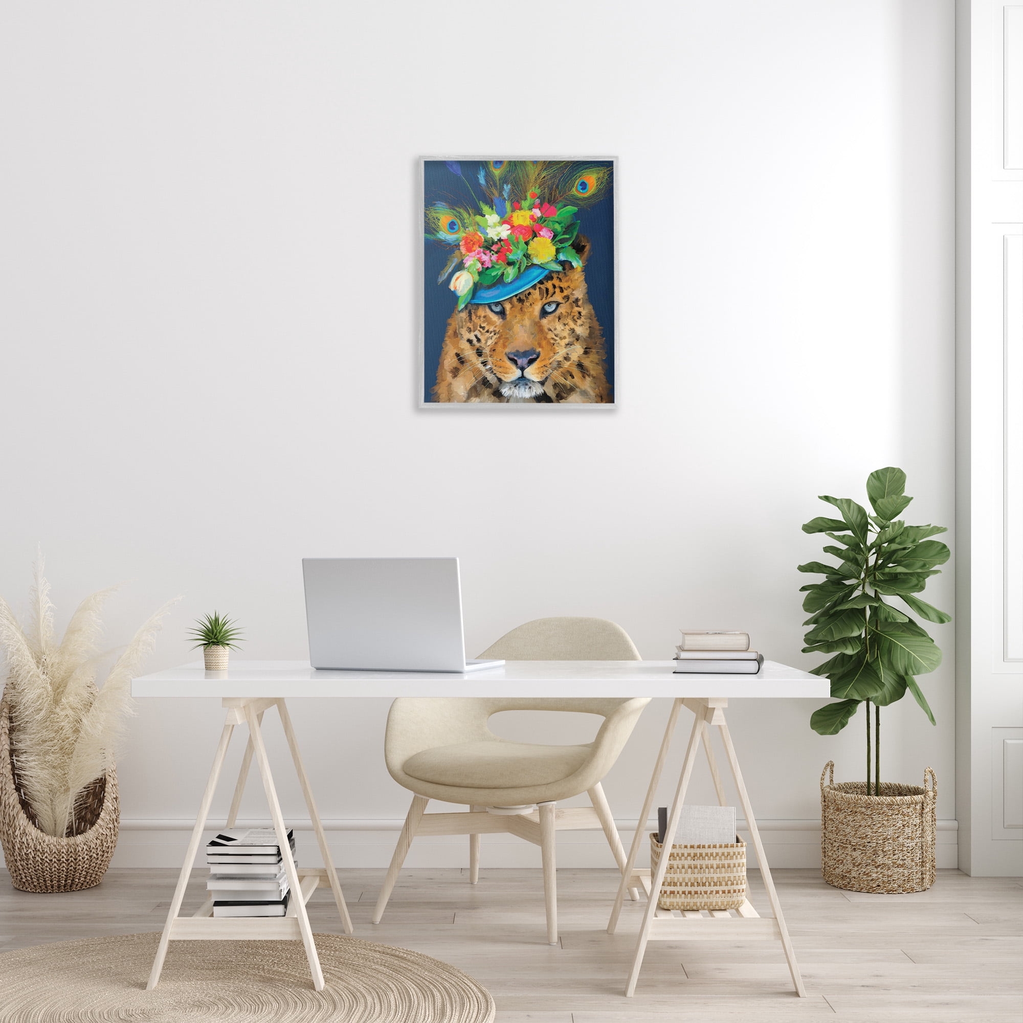 Stupell Industries Cheetah with Feather Hat Animals & Insects Painting Gray Framed Art Print Wall Art, 24 x 30