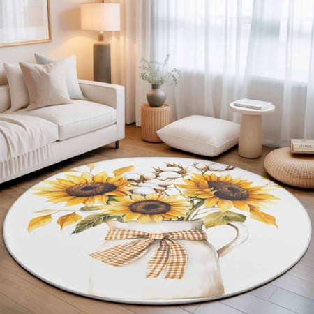 Round Area Rugs 5Ft Sunflower Non-Slip Washable Circle Rugs Carpet Farm Country Floral Botanical Plaid Bow Indoor Outdoor Rug Floor Mats Throw Runner for Bedroom Living Room Bathroom