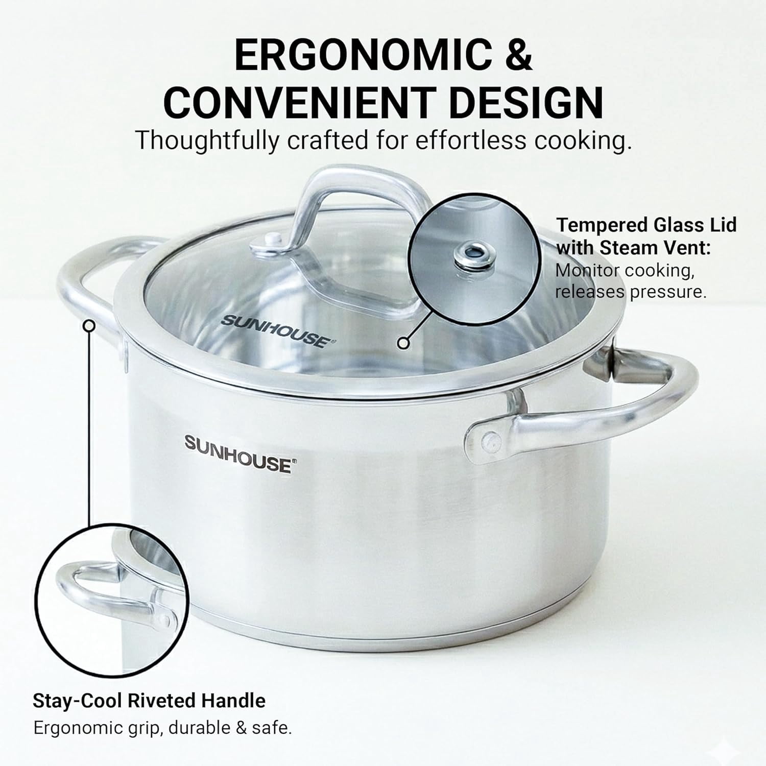 Sunhouse Professional 12-Quart Whole-Clad Multi-Ply Stainless Steel Stock Pot with Lid - Premium 18/10 - Induction Ready, Oven Safe Dishwasher Safe Cooking Pot