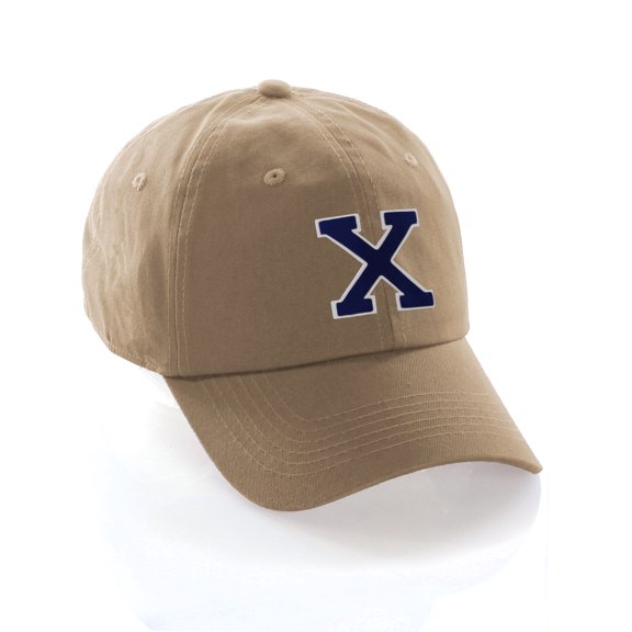 Customized Letter Intial Baseball Hat A to Z Team Colors, Khaki Cap White Navy Letter X