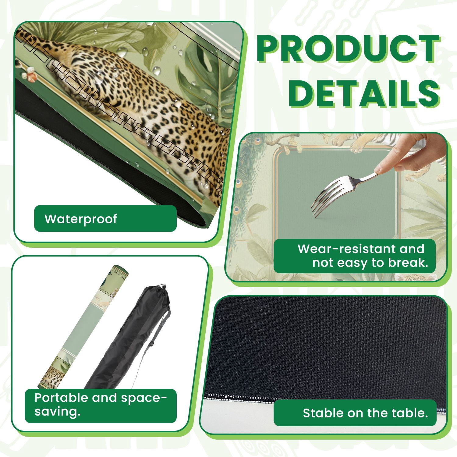 Mahjong Mat 31.5" x 31.5" Jungle Tiger Leopard Peacock Non-Slip Noise Reduction American Mahjong Tiles Table Cover for Dominoes Poker Card Board Games Gift