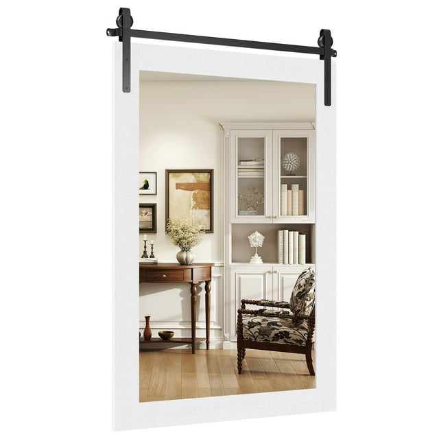 Gymax Farmhouse Wall Mirror Rustic Wood Frame Barn Door Style Decorative Mirror