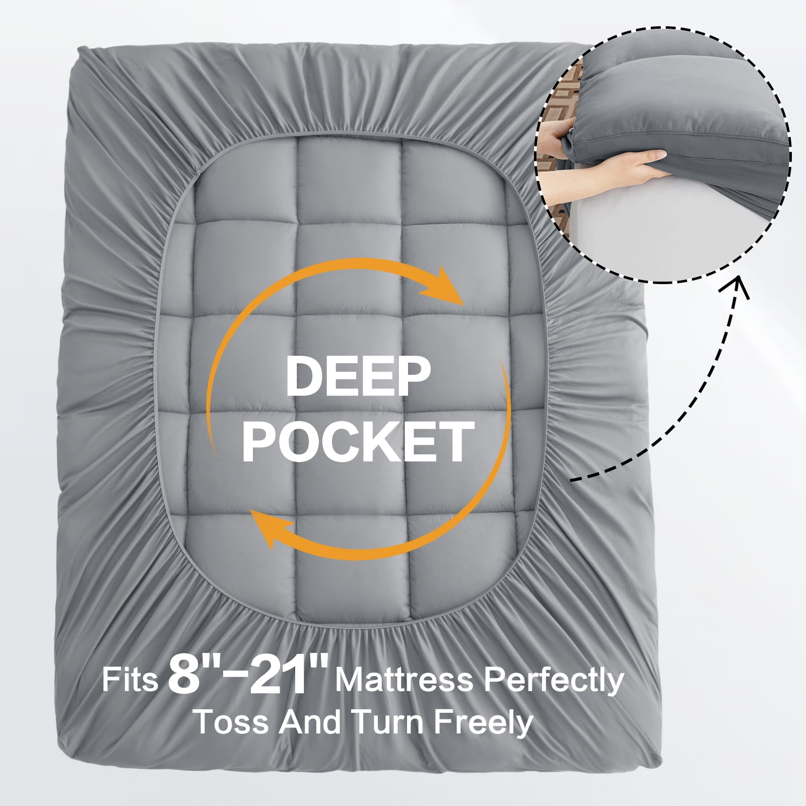 EMONIA 100% 400TC Mattress Topper Cal King for Back Pain Relief,900GSM Pillow Top Mattress Pad, Cooling Mattress Cover w8-21" Deep Elastic Pocket, ultra-soft Noiseless Washable (Light Gray,CalKing)