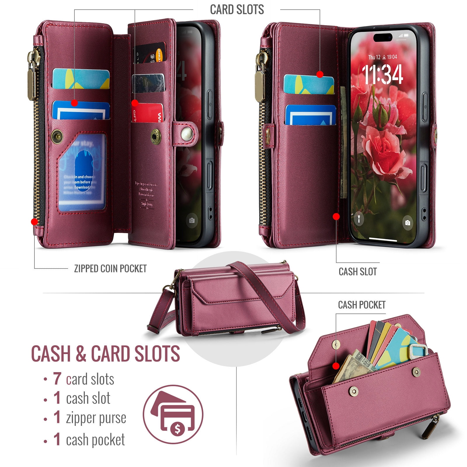 Asuwish Compatible with iPhone 16 6.1 inch Zipper Wallet Phone Case Tempered Glass Screen Protector Crossbody Lanyard Strap Flip Card Holder Slot Cell Cover for i Phone16 i16 16Case Women Wine Red