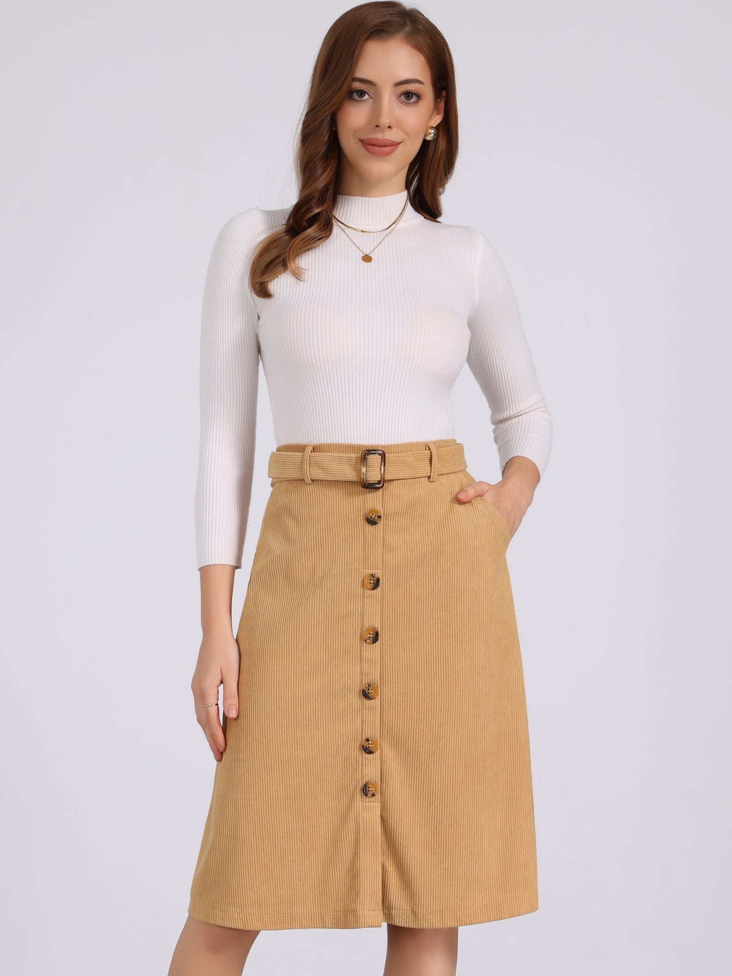 DARING DIVA Women's High Waist Button Front A-Line Belted Corduroy Skirt M Camel