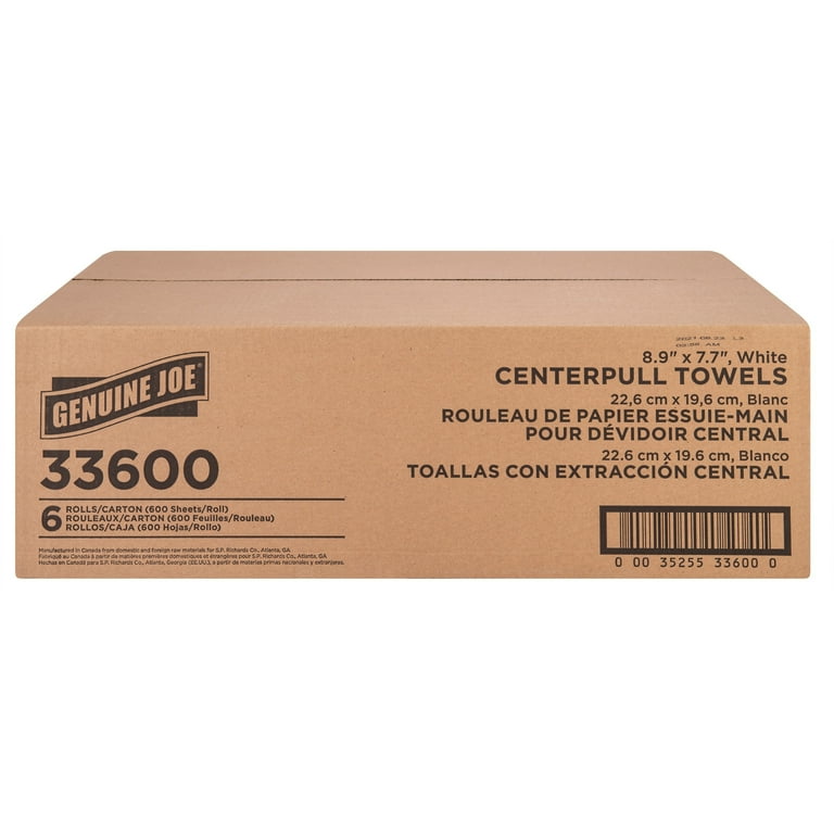 Genuine Joe Centerpull Towel Rolls - 600 Sheets/Roll - White - Virgin Fiber - Center Pull, Soft, Absorbent - For Washroom - 6 / Carton Genuine Joe Centerpull Towel Rolls - 600 Sheets/Roll - White - Virgin Fiber - Center Pull, Soft, Absorbent - For Washroom - 6 / Carton