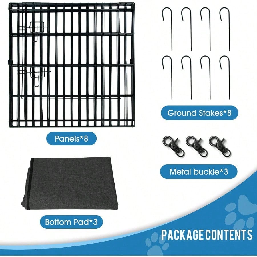 Dog Pen Pet Playpen Dog Fence Indoor Foldable Metal Wire Exercise Puppy Play Yard Pet Enclosure Indoor Outdoor 8 Panels 24 Inch with Bottom Pad/Top Cover Black with Bottom pad