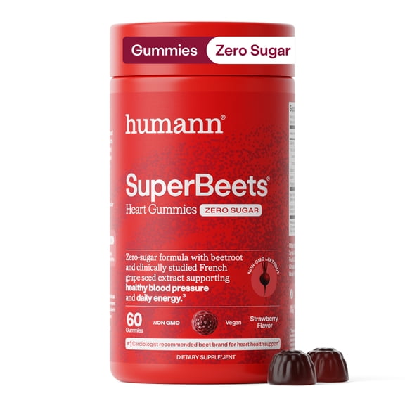 Humann SuperBeets Heart Gummies - Beet Gummy with Energy Support, Grape Seed Extract & Beetroot Powder, Sugar Free - Strawberry Flavor, 60 Count