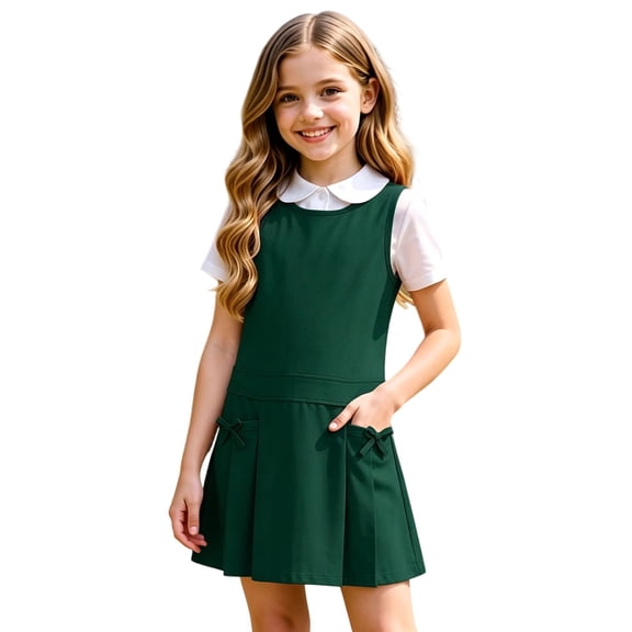 Girls' Uniform Dress Sleeveless Jumper Dress with Bow-Tie, Pleated Hem & Pockets (Green 9-10 Years)