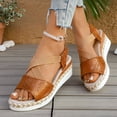 thumbnail image 3 of Rokment Women's Platform Wedge Sandals Beach Stylish Casual Leather Elastic Ankle Strap Espadrilles Chunky Heeled Slingback Dressy Summer Shoes Comfortable Brown Size 7.5, 3 of 5