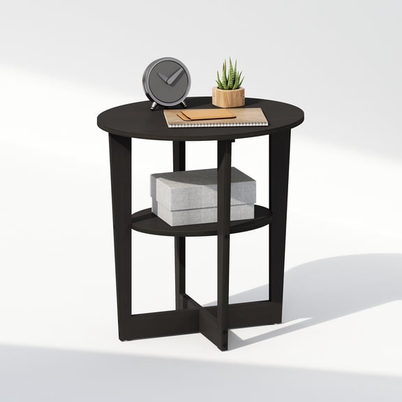 Furinno Tidur 2-Tier Oval Night Stand, Black Nightstand with Round Edge Tabletop, Open Shelf Bedside Table, End Table, Side Table, for Bedroom, Living Room, Black Walnut
