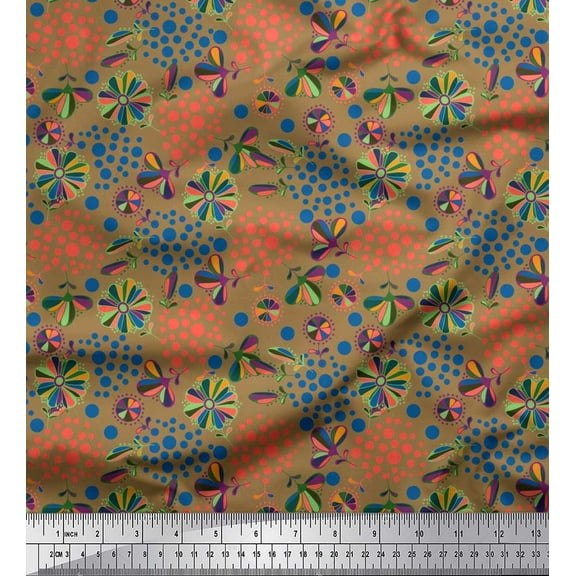 Soimoi Silk Fabric Dot,Leaves & Floral Clip Art Decor Fabric Printed Yard 42 Inch Wide