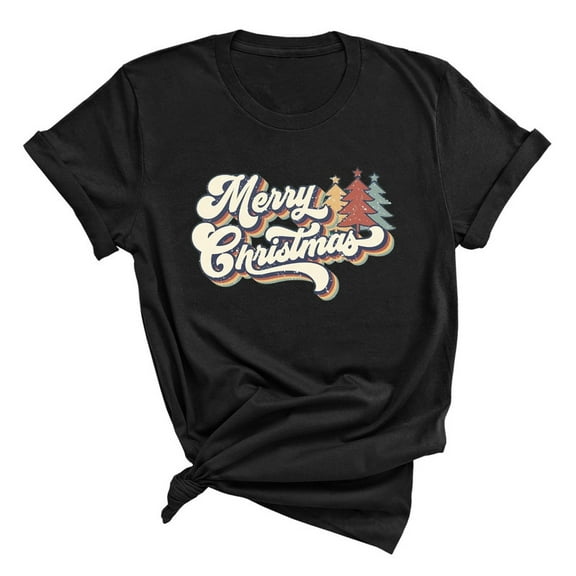 Womens Merry Christmas Tree Bright Graphic T-Shirt Short Sleeve