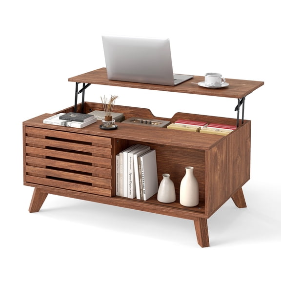 Gymax 35.5'' Lift Top Coffee Table w/ Hidden Compartment Slatted Sliding Door & Legs Brown