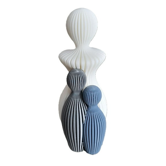 Znet3D Modern Mother and Children Decorative Sculpture, White, Grey  Blue Ribbed Design, Contemporary Art Figurine