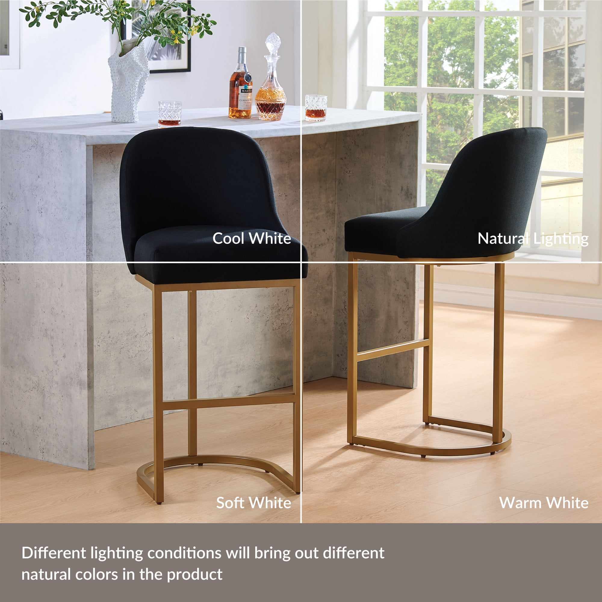 Leick Home Barrel Back Bar Stools with High Density Foam Seat, Black/Gold (Set of 2)