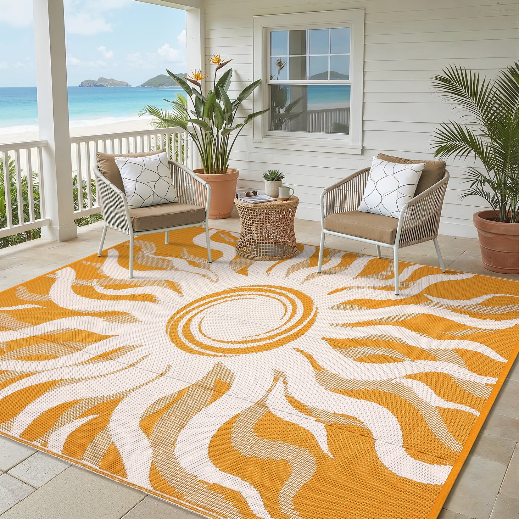 Soonbuy Sun Pattern Outdoor Rug, 8x10FT Waterproof Reversible Plastic Straw Outdoor Patio Rug, Quick Dry Easy Clean Outdoor Area Rug Carpet for Camping, Picnic, Balcony, Porch, RV