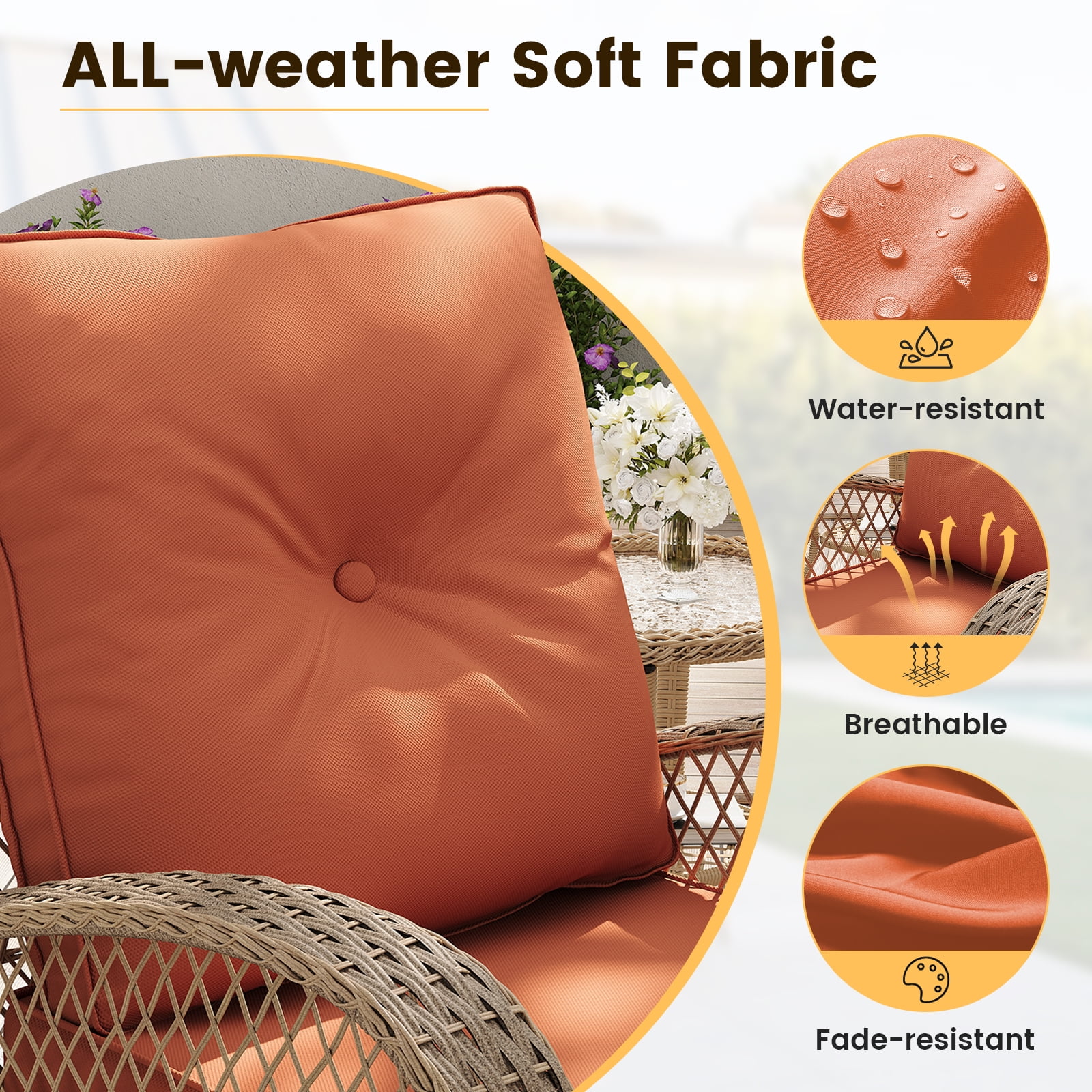 ELPOSUN 3 Pieces Patio Furniture Set, Outdoor Swivel Gliders Rocker, Wicker Patio Bistro Set with Rattan Rocking Chair, Glass Top Side Table and Thickened Cushions（Orange）