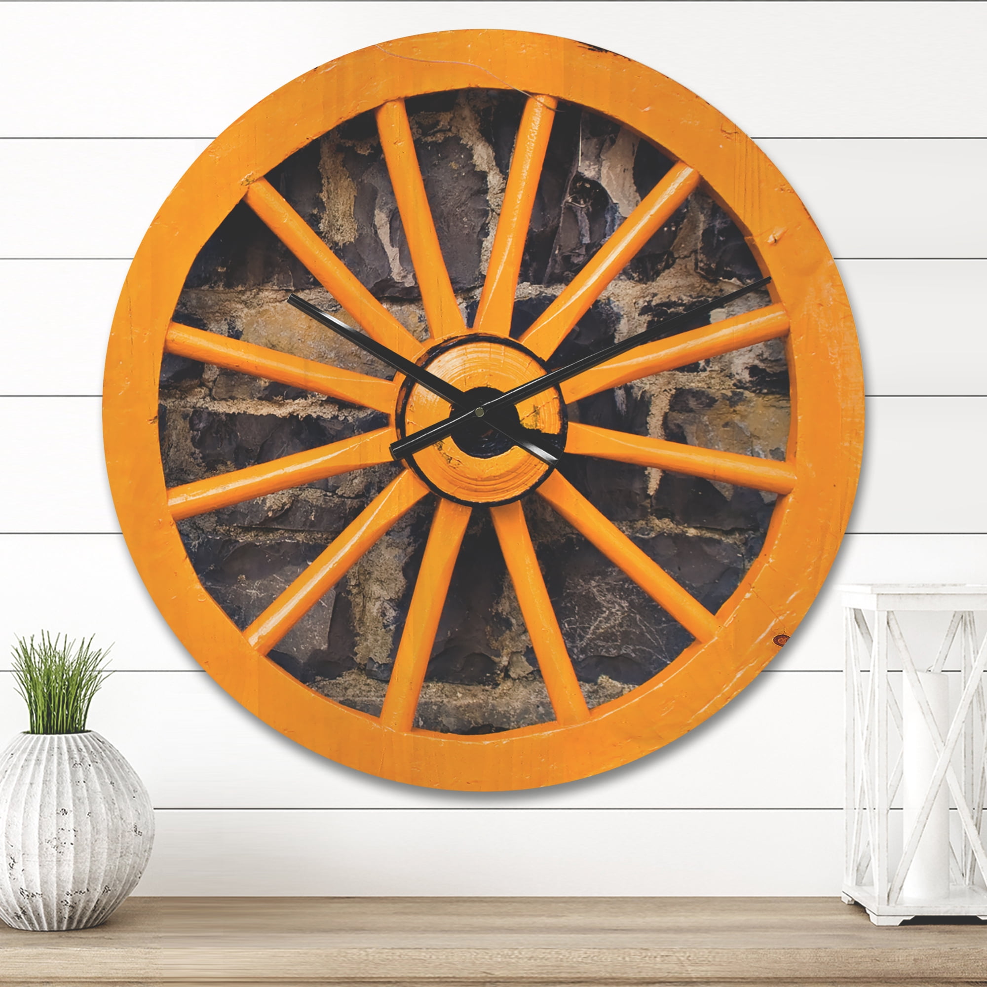 Designart 'Yellow Vintage wooden Wagon Wheel' Farmhouse Wood Wall Clock