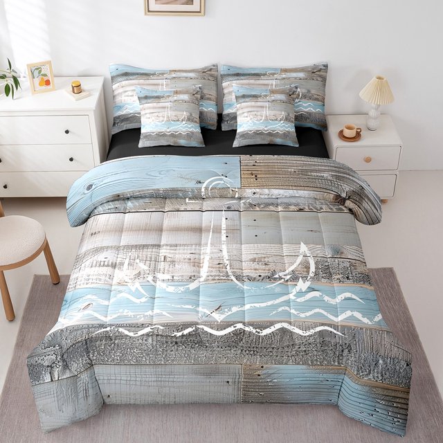 YST Nautical Theme 7-Piece Bedding Set, Blue Grey Farmhouse Queen Size Comforter Set