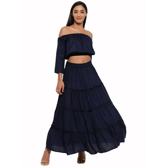 eloria Women Fashion Off Shoulder Flared Sleeves Maxi Dress Any Occasion, Fabric: Rayon,Color : Navy Blue, Size : 2XL