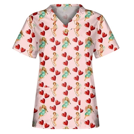 

LWZWM Women s Short Sleeve V Neck Scrub Tops Valentine s Day Workwear Love Heart Print Shirts Working Uniform Nurse Blouse Fashion Women s V-Neck Casual Short Sleeve Printed Pocket