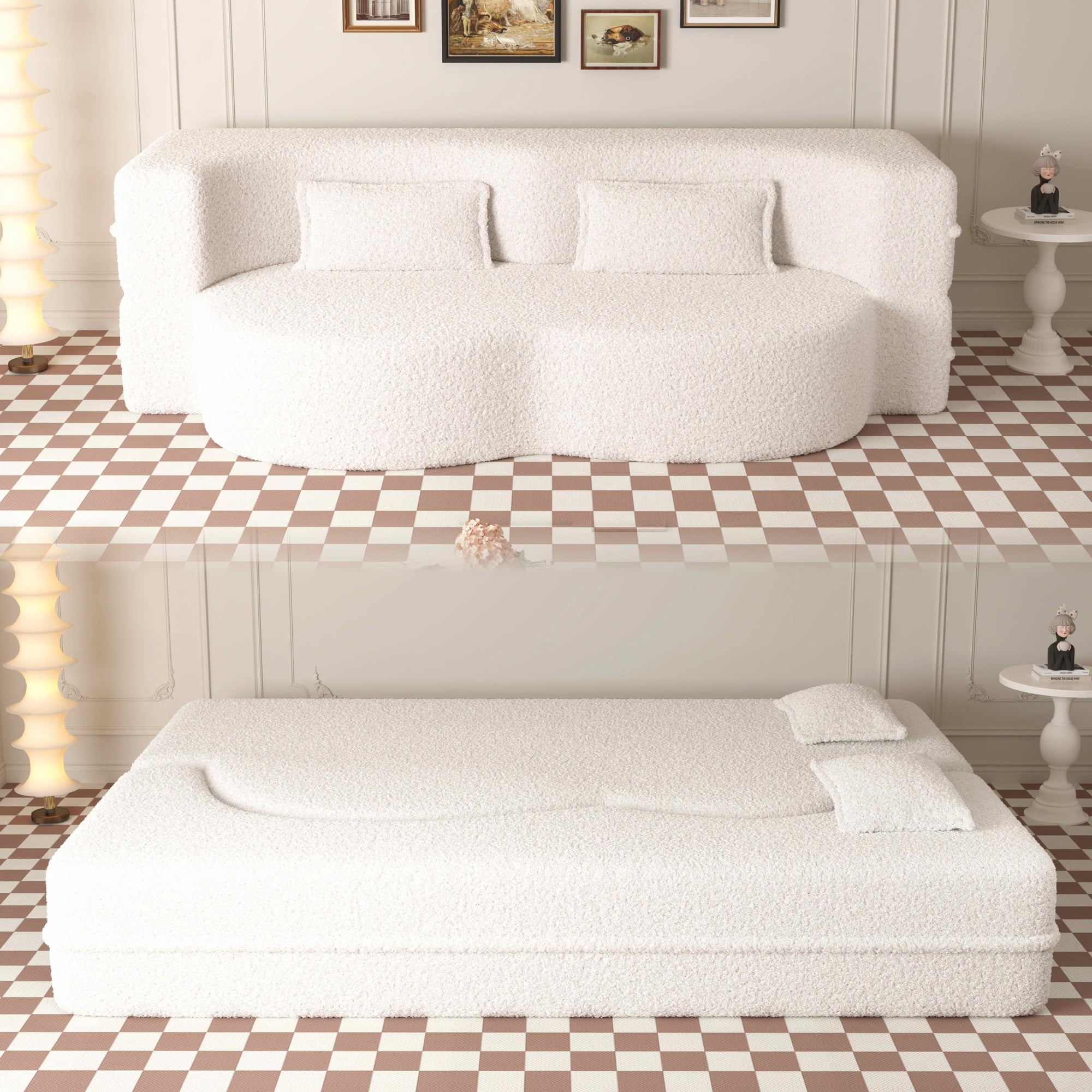 MAYEERTY Sherpa Floor Sofa Bed, Full Size Foldable Foam Sleeper Mattress with 2 Pillows, Zero Assembly Space Saving Guest Bed