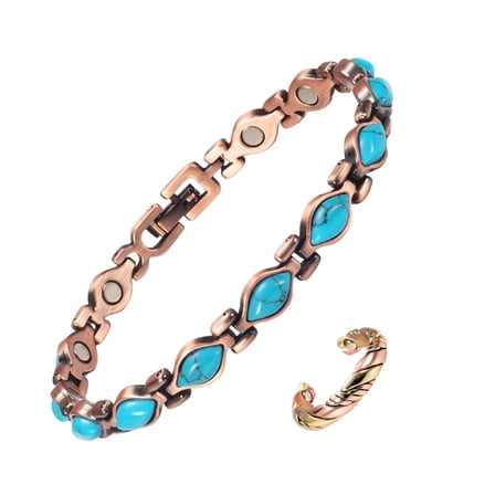 Wollet  Copper Magnetic Bracelets for Women，Blue Turquoise Bracelet, Pure Copper Jewelry Ring Set